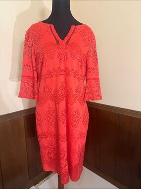 CB Established 1962 Coral Lace Overlay Shift Dress Size 8 Bell Sleeve